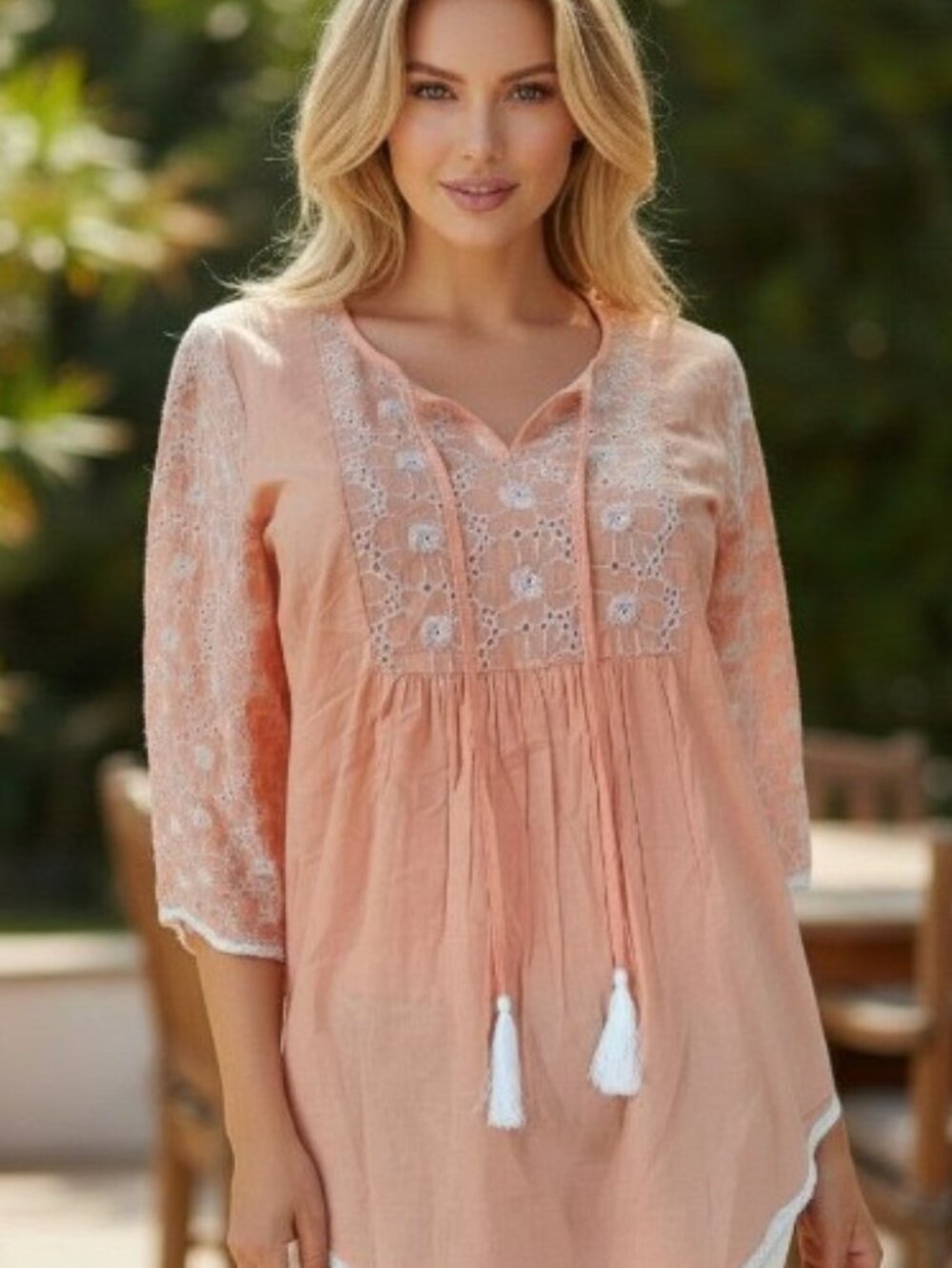 Fashion Priests Tunic Top Women’s Medium Orange Eyelet Lace Boho Embroidered